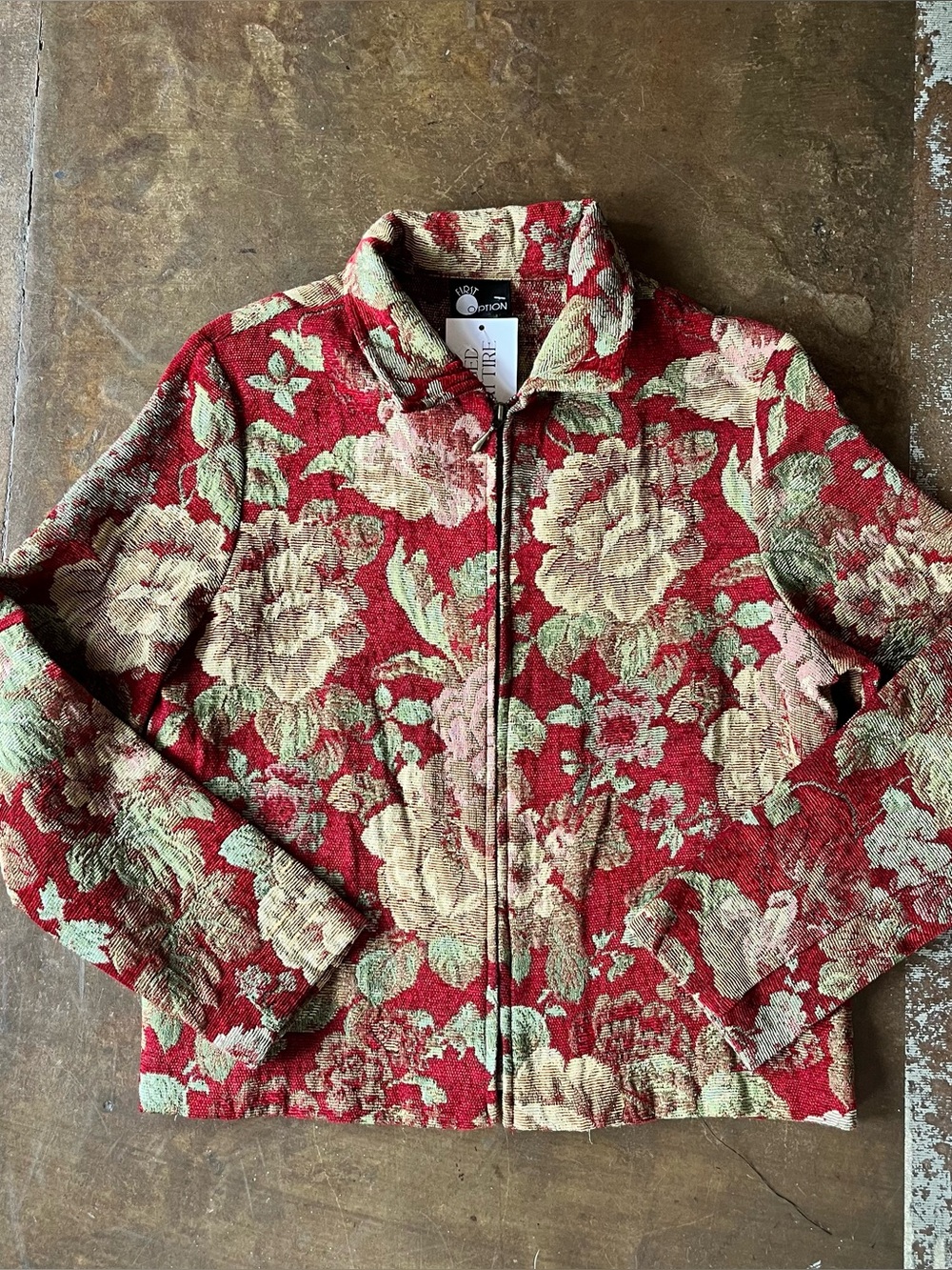 Vintage 90s First Option Red Needlepoint Floral Full Zip Jacket Art Deco Medium